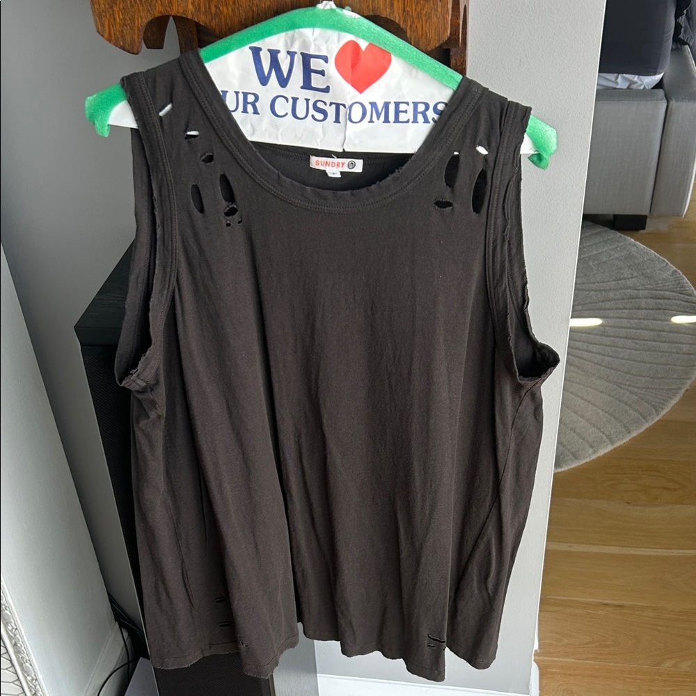 SUNDRY Women's Dark Gray Cut Out Detail Sleeveless Muscle Tee Size L